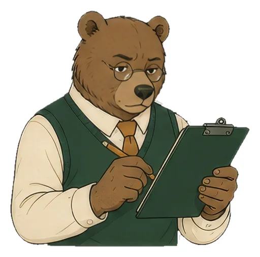 Bruno the bear checking a clipboard